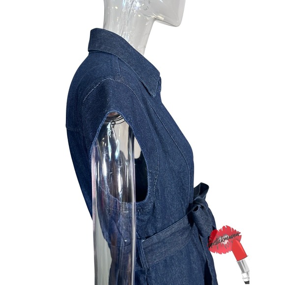 Solitaire Maxi Dress Large Blue Denim White Eyelet Trim‎ Belted Feminine - Picture 4 of 14